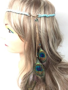 Diadema trenzada azul claro con plumas de pavo real (1 ud)