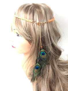 Diadema Trenzada Naranja/Salm&oacute;n con Plumas de Pavo Real (1 ud)