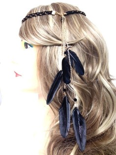 Diadema trenzada con plumas negra (1 ud)